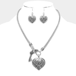 Silver Heart Lock & Key Pendant Necklace Cute Charm Embossed Statement Jewelry